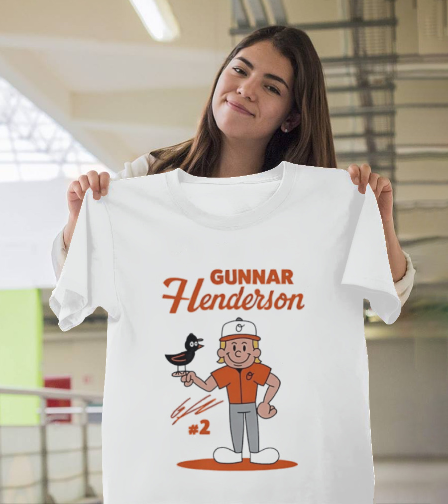 Gunnar Henderson Baltimore Orioles MLB Player Cartoon Character With Bird And Number 2 T-Shirt