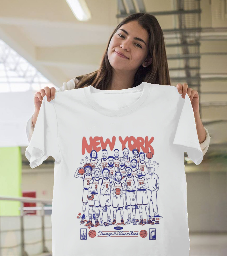 New York Knicks NBA Orange And Blue Skies Cartoon 2026 T-Shirt