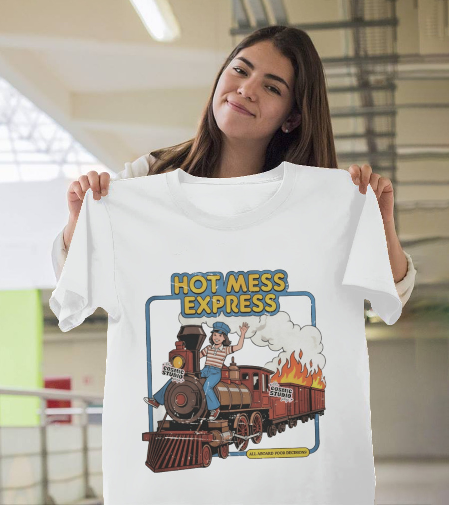 Hot Mess Express All Aboard Poor Decisions Cosmic Studio Vintage Train Cartoon T-Shirt