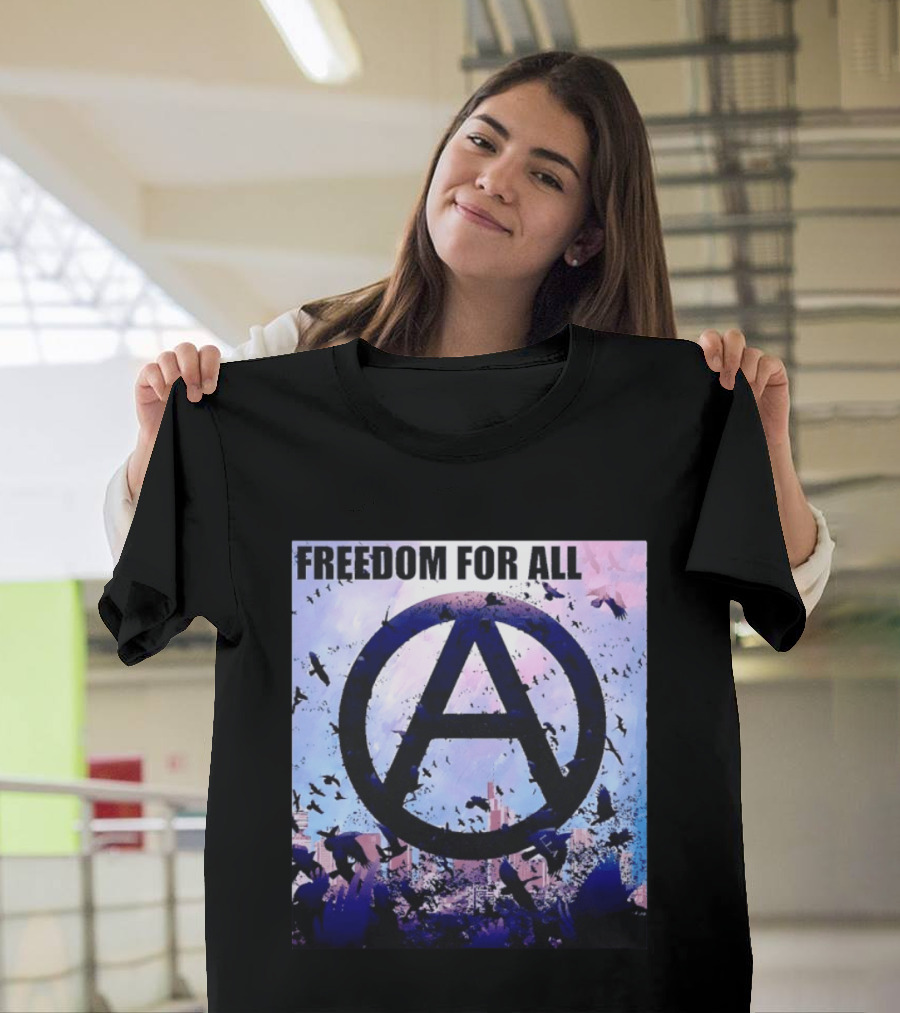 FdA IFA Freedom For All Anarchy Symbol With Birds And City Skyline T-Shirt
