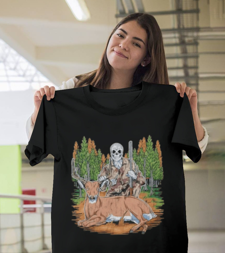 Skeleton Deer Hunting Skull Mask Camouflage Forest Scene T-Shirt
