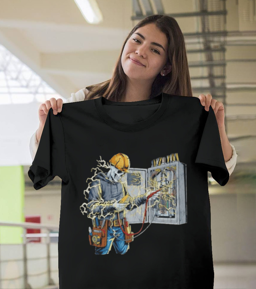 Skeleton Electrician Hard Hat Voltage Sparks T-Shirt