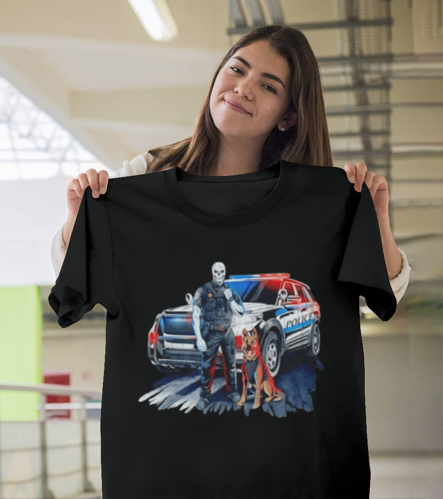 Skeleton Police Officer And Working Dog With Patrol Car T-Shirt