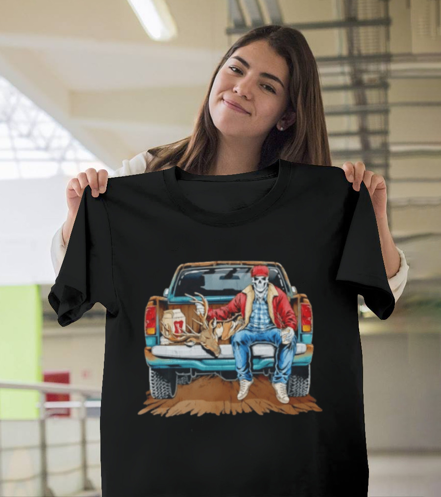 Skeleton Cowboy With Deer Antlers Truck Scene T-Shirt