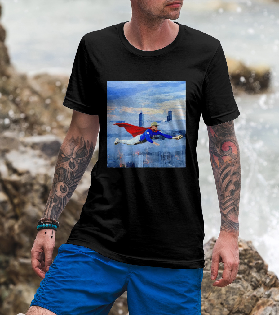 Superman Nico Hoerner Chicago Cubs Second Baseman Flying Over City Skyline T-Shirt