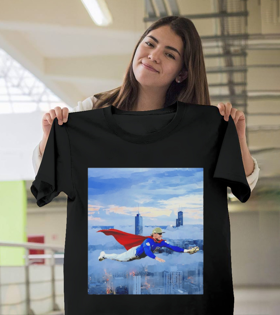 Superman Nico Hoerner Chicago Cubs Second Baseman Flying Over City Skyline T-Shirt