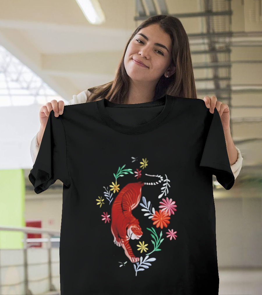 Todd Herzog Bengal Tiger Floral Motif With Vibrant Blooming Flowers T-Shirt