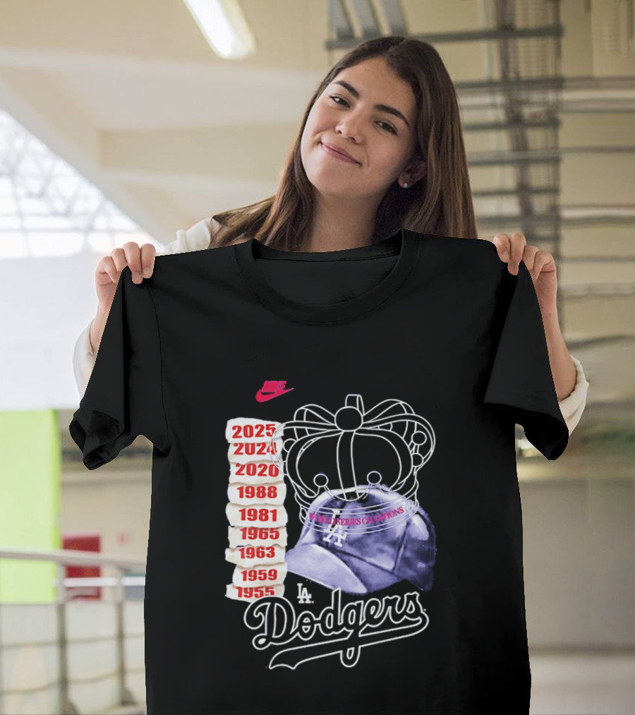 Los Angeles Dodgers 9x World Series Champions Crown And Cap 1955 2025 T-Shirt