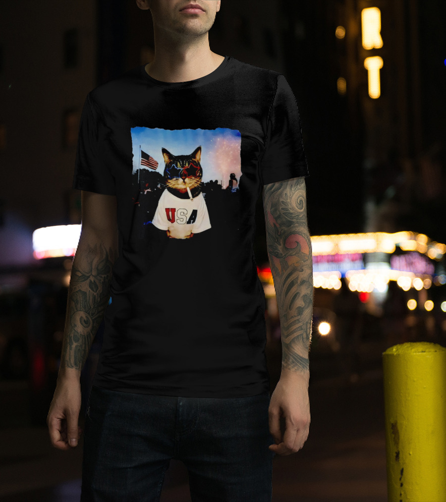 USA Cat With American Flag Sunglasses Smoking Fireworks T-Shirt