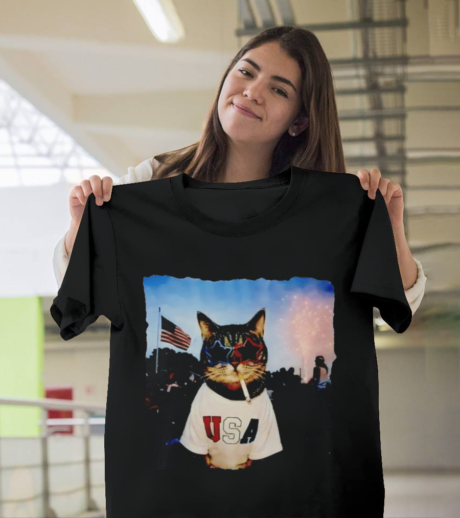 USA Cat With American Flag Sunglasses Smoking Fireworks T-Shirt