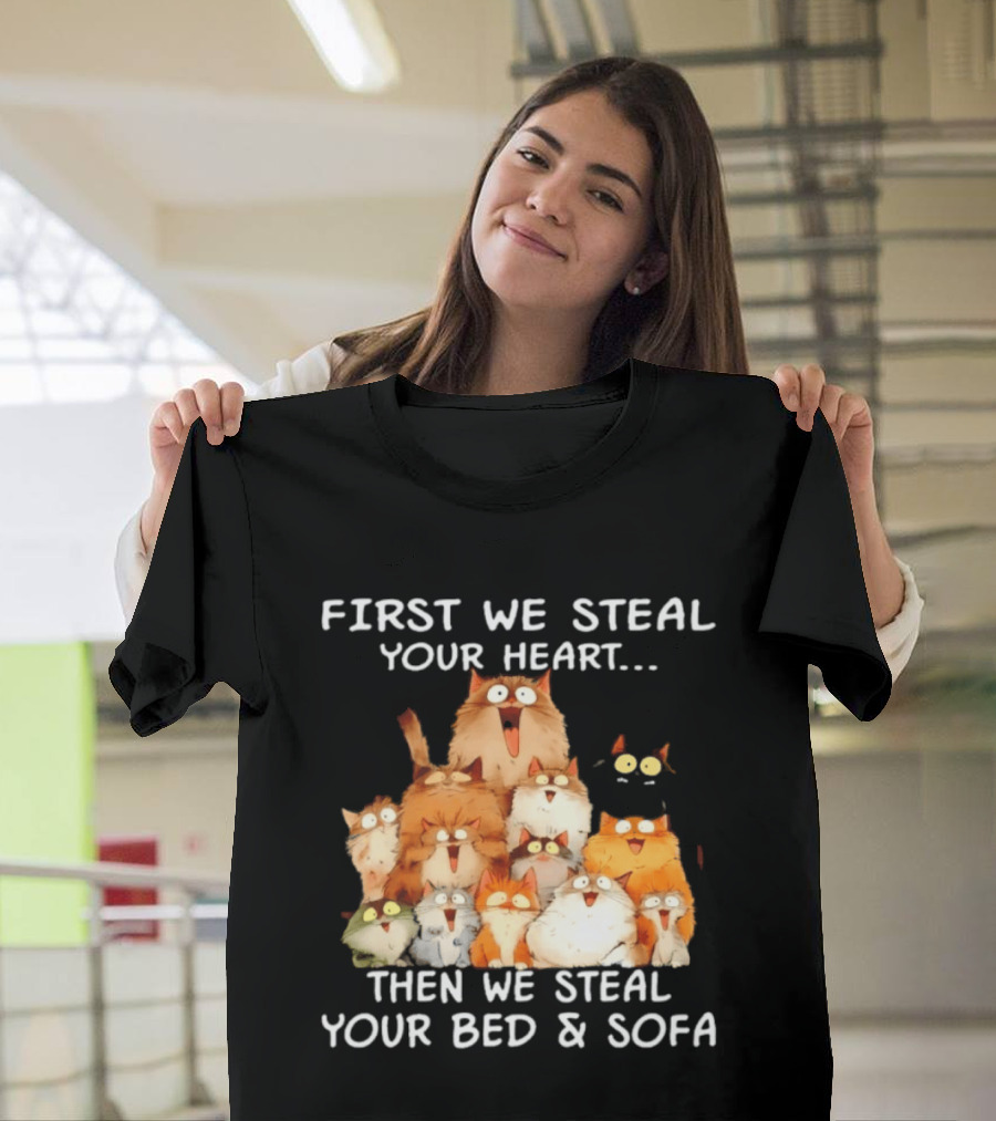 First We Steal Your Heart Then We Steal Your Bed And Sofa Cats Stack T-Shirt