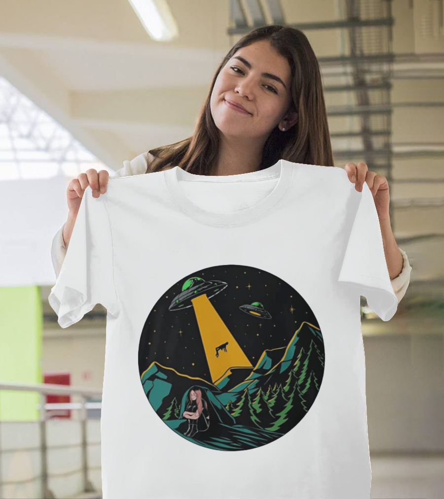 UFOs Aliens Abduction Night Sky Mountains Forest Trees Stars Beam T-Shirt