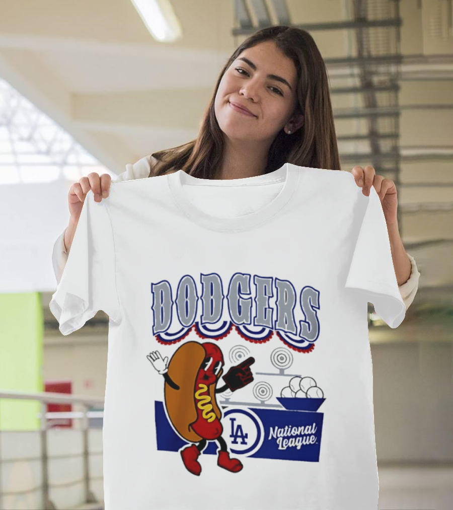 Cartoon Hot Dog Dodgers LA National League Baseball T-Shirt