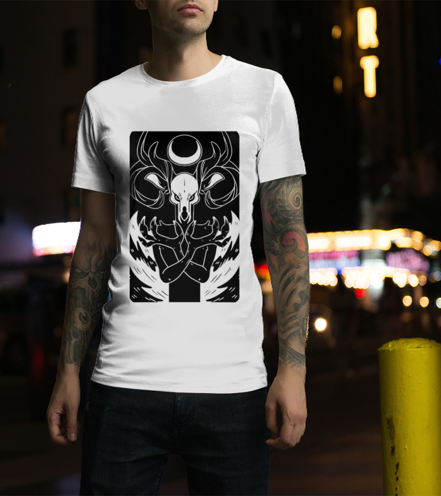 Deer Skull Antlers Crescent Moon Spirit Hands Rays Ritual Mystical Symbolism T-Shirt