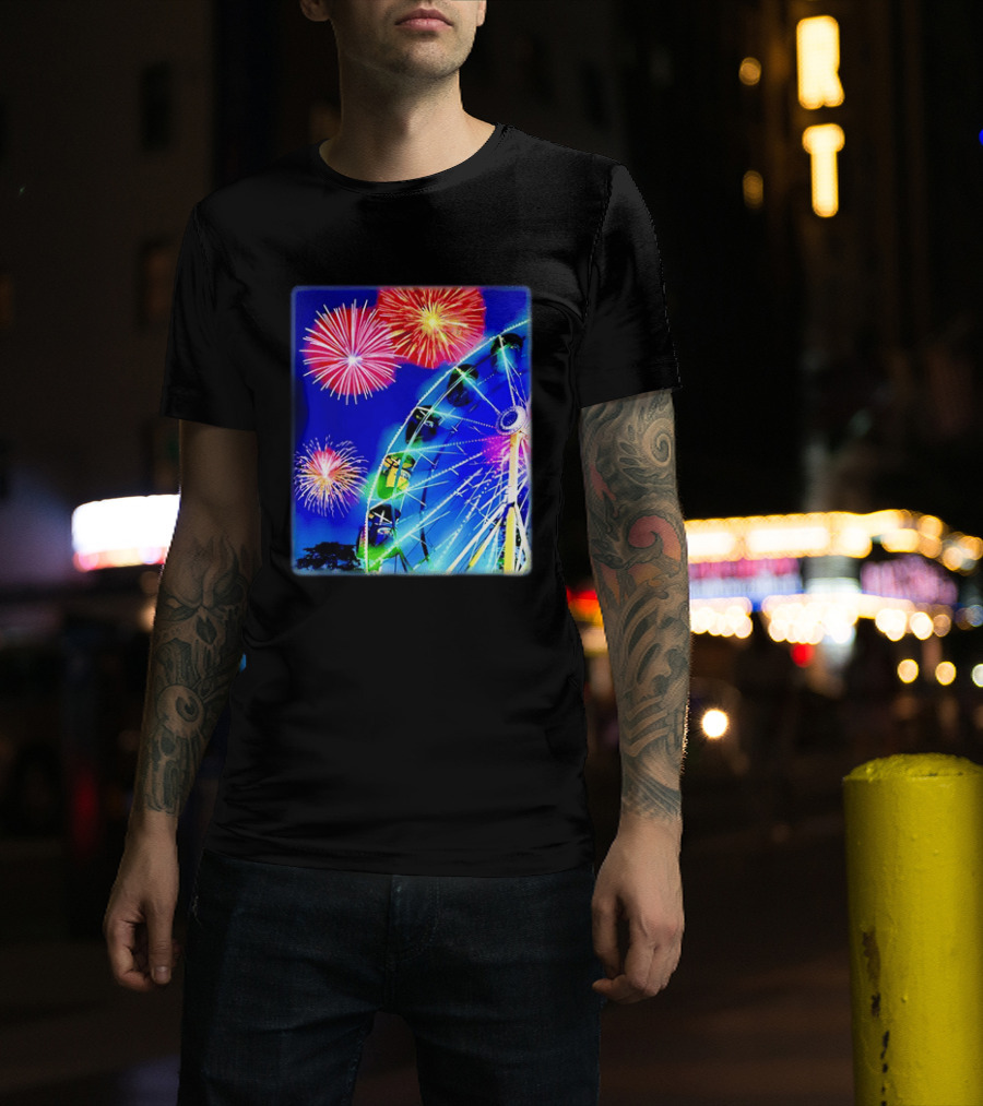 Ferris Wheel Fireworks Night Display Blue Sky T-Shirt