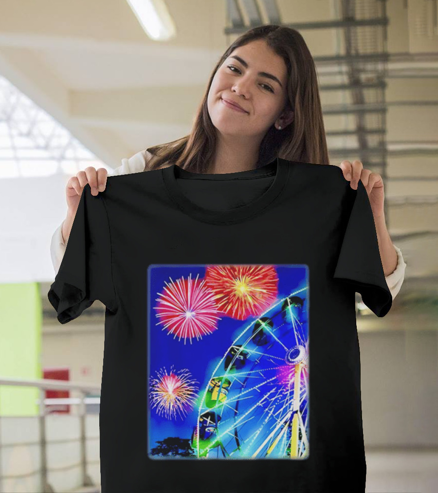 Ferris Wheel Fireworks Night Display Blue Sky T-Shirt
