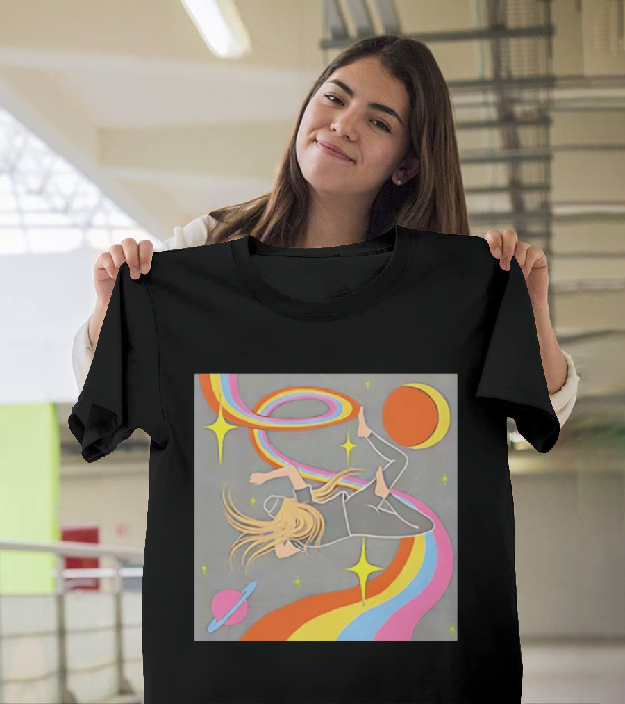Rainbow Swirl Stars Crescent Moon Planet Orbit Cosmos Night Galaxy T-Shirt