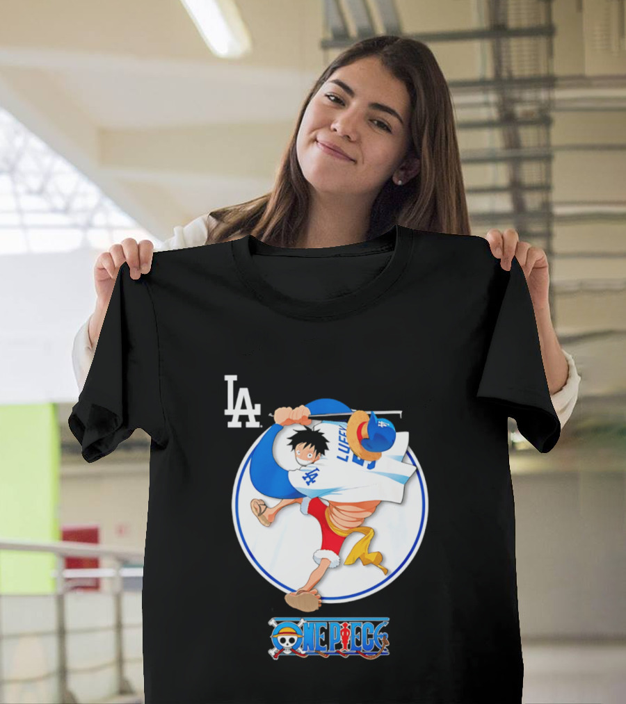 Los Angeles Dodgers Luffy OnePiece Collaboration With LA Logo And One Piece Branding T-Shirt