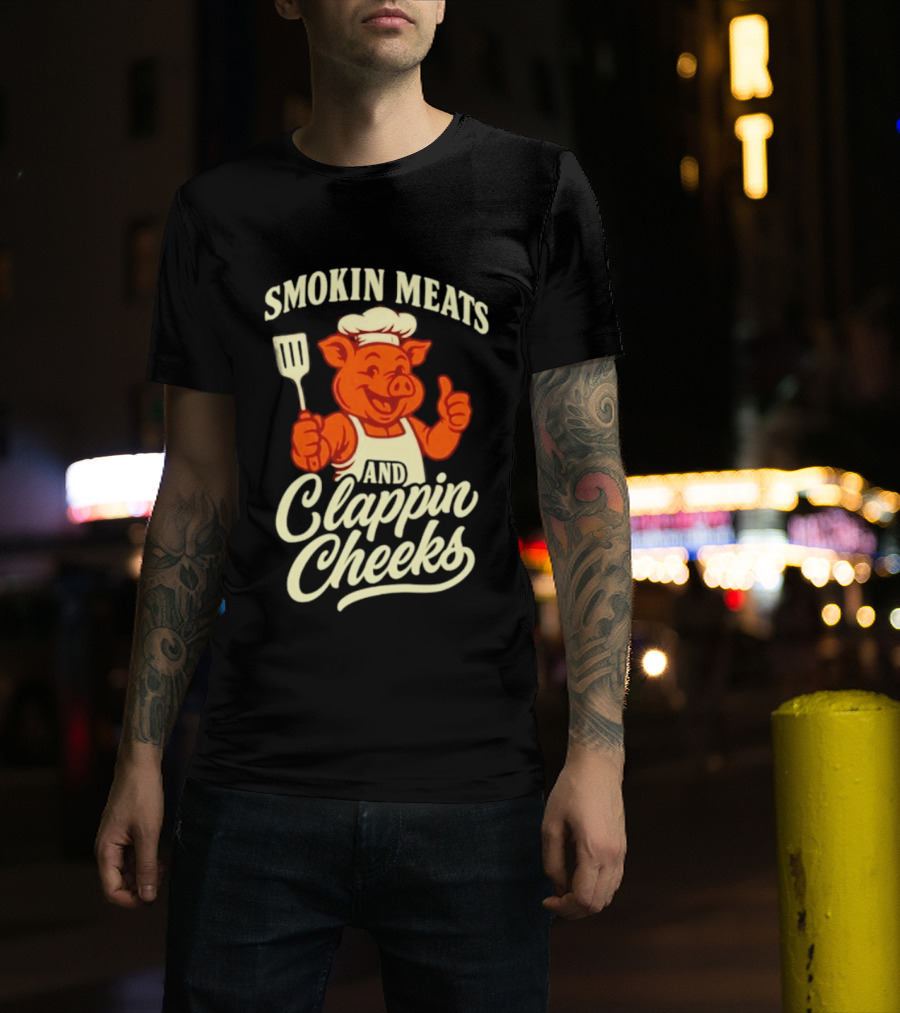 Smokin Meats And Clappin Cheeks Pig Chef Thumbs Up BBQ T-Shirt