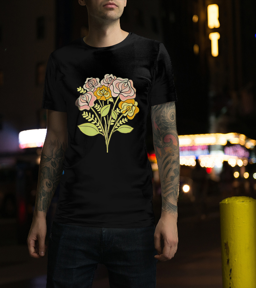 Pink Roses Yellow Roses Leaves Stems Bloom Blossom Petal Flower Plant T-Shirt