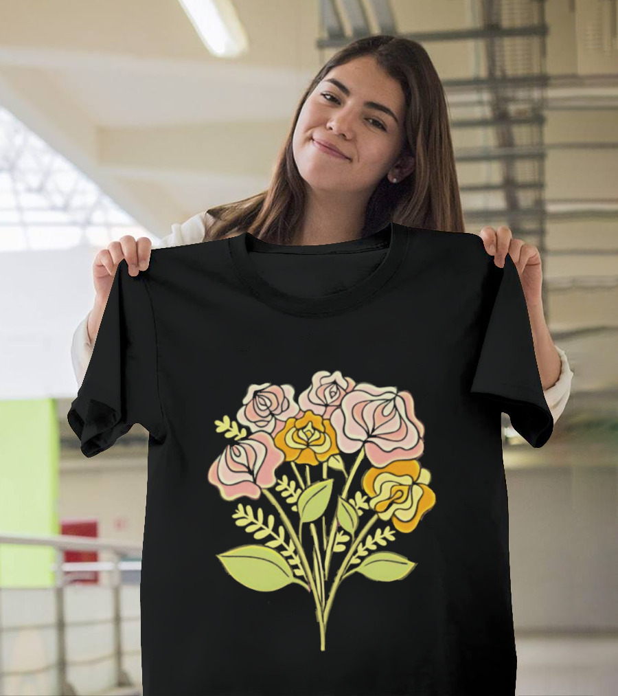 Pink Roses Yellow Roses Leaves Stems Bloom Blossom Petal Flower Plant T-Shirt
