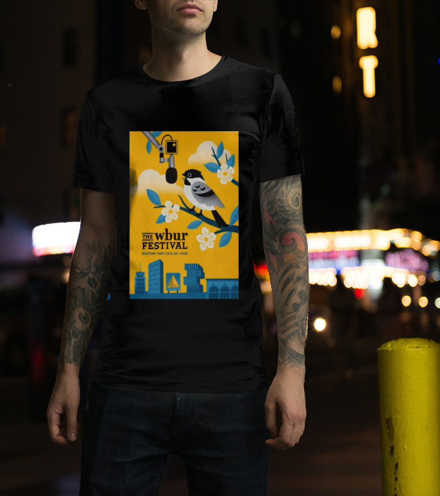 The Wbur Festival Boston 2026 Yellow Bird Microphone Urban Skyline T-Shirt