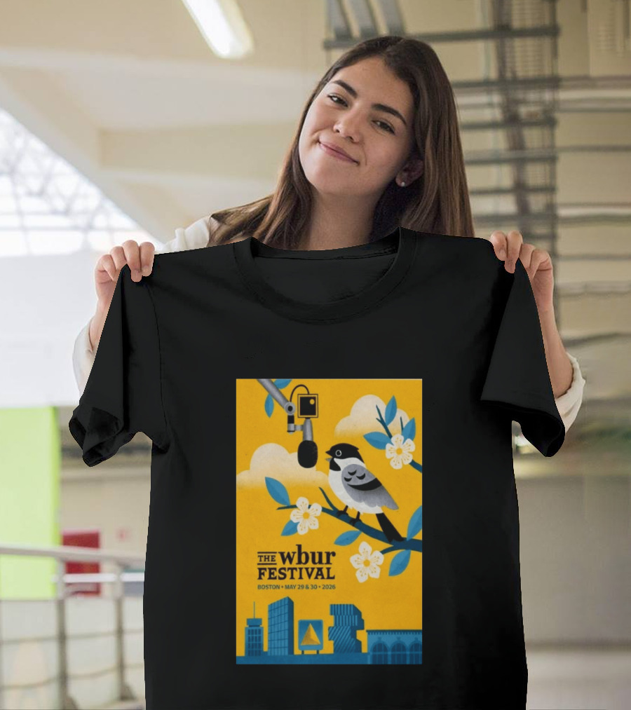 The Wbur Festival Boston 2026 Yellow Bird Microphone Urban Skyline T-Shirt