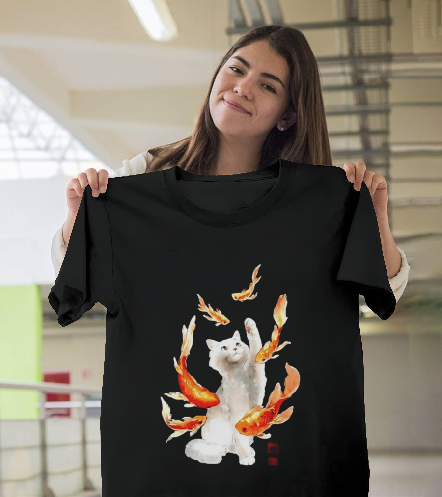 Playful White Cat Surrounded By Goldfish T-Shirt