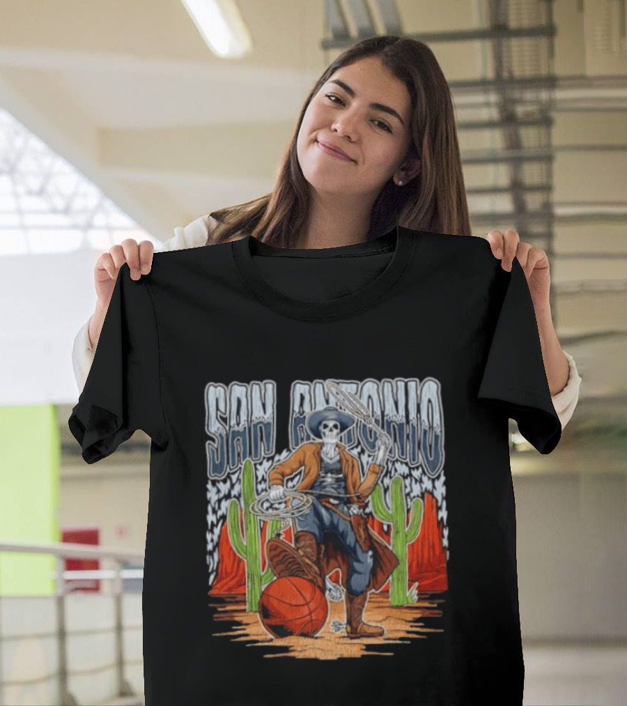 San Antonio Skeleton Cowboy With Basketball And Cactus Scene T-Shirt