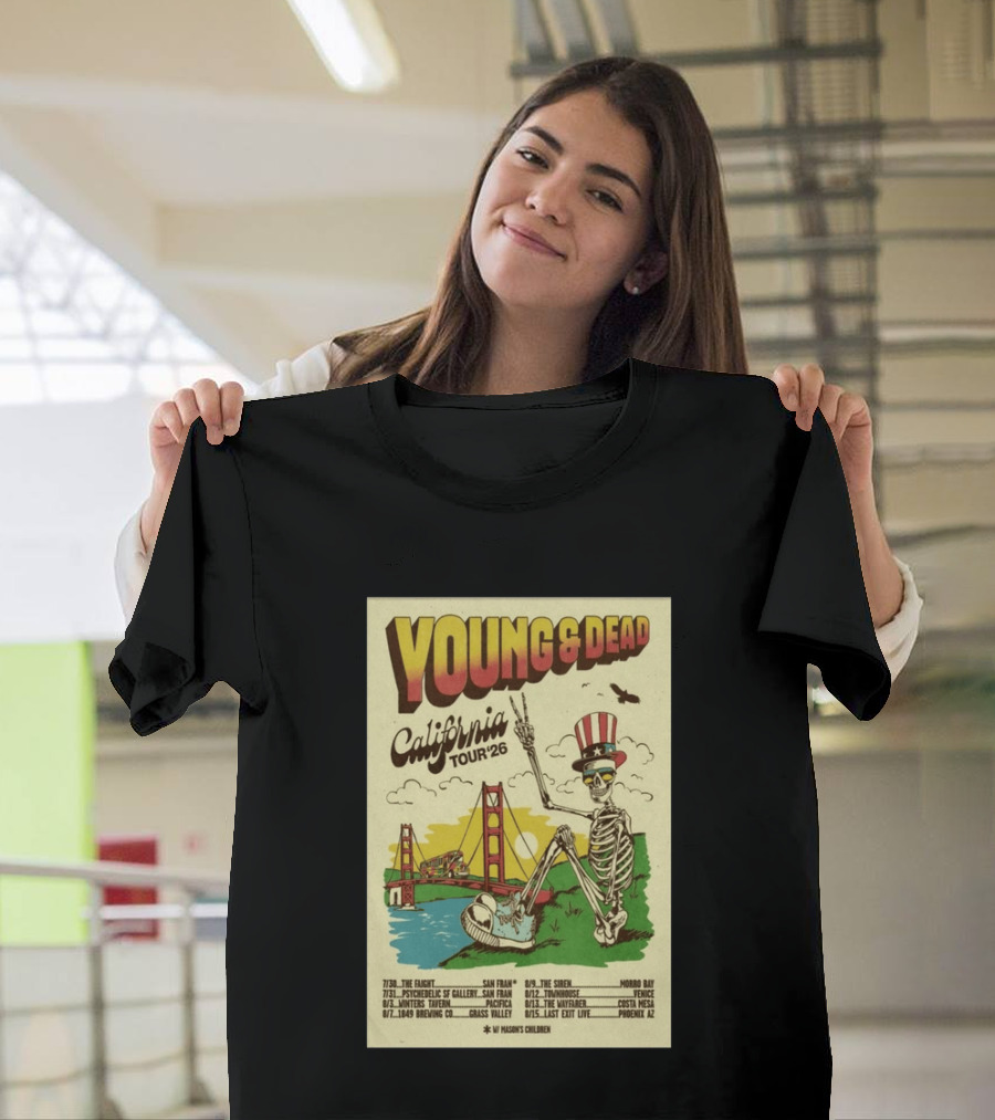 Young And Dead California Tour 26 San Fran Skeleton Golden Gate Bridge Uncle Sam Hat T-Shirt