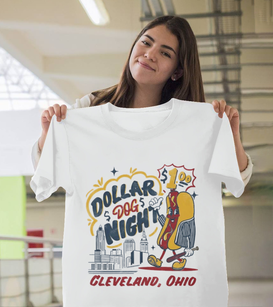 Cleveland Ohio Dollar Dog Night Baseball Skyline Hot Dog 1 Dollar T-Shirt