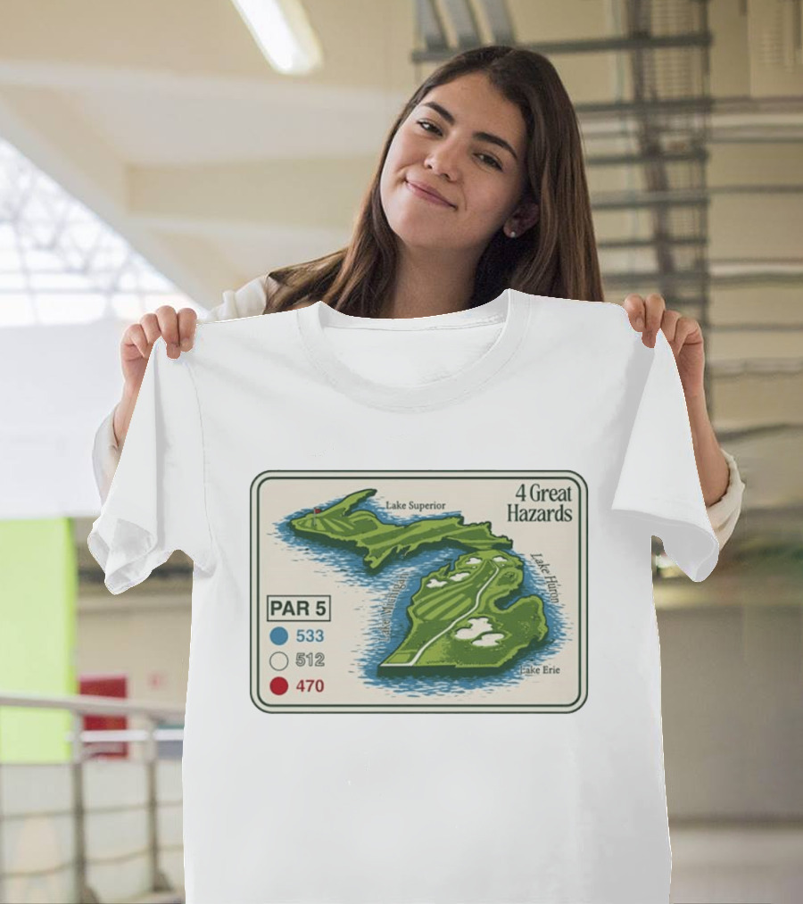 Michigan Golf Par 5 Course Map With 4 Great Hazards Lake Superior Huron Erie T-Shirt