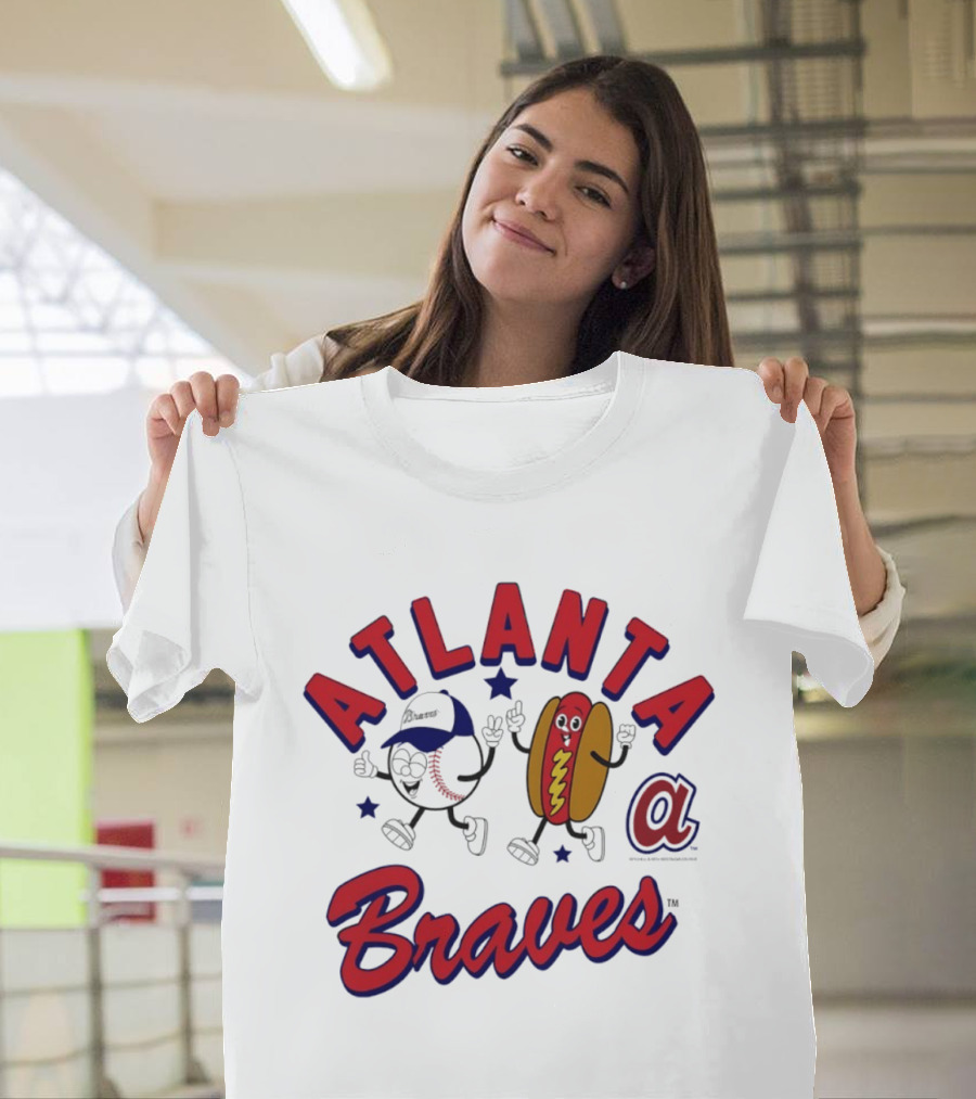 Atlanta Braves Baseball Character With Hot Dog Snack And Team Spirit T-Shirt