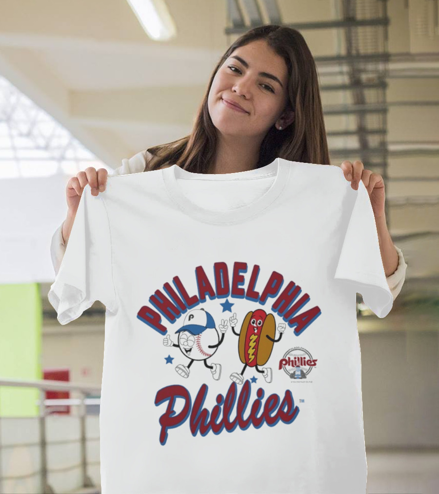 Philadelphia Phillies Baseball Hot Dog And Cartoon Characters T-Shirt