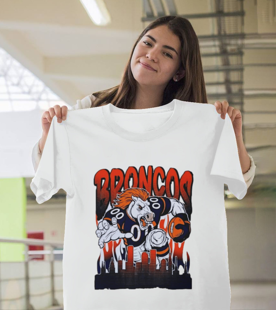 Denver Broncos Football Bronco Running Horse Skyline T-Shirt