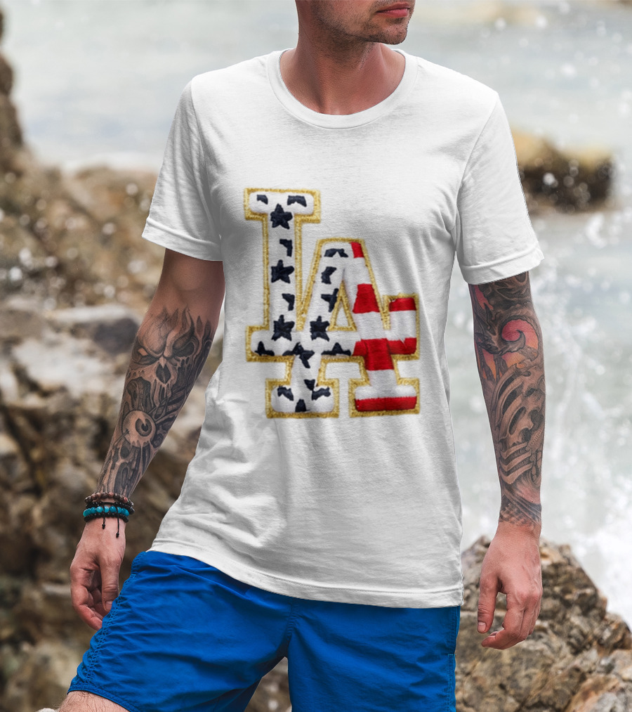 Dodgers LA 250th Anniversary Stars And Stripes Gold Trim Patch T-Shirt