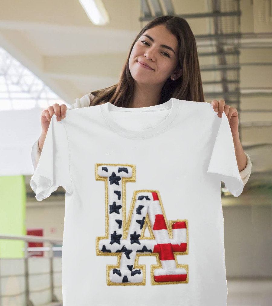 Dodgers LA 250th Anniversary Stars And Stripes Gold Trim Patch T-Shirt