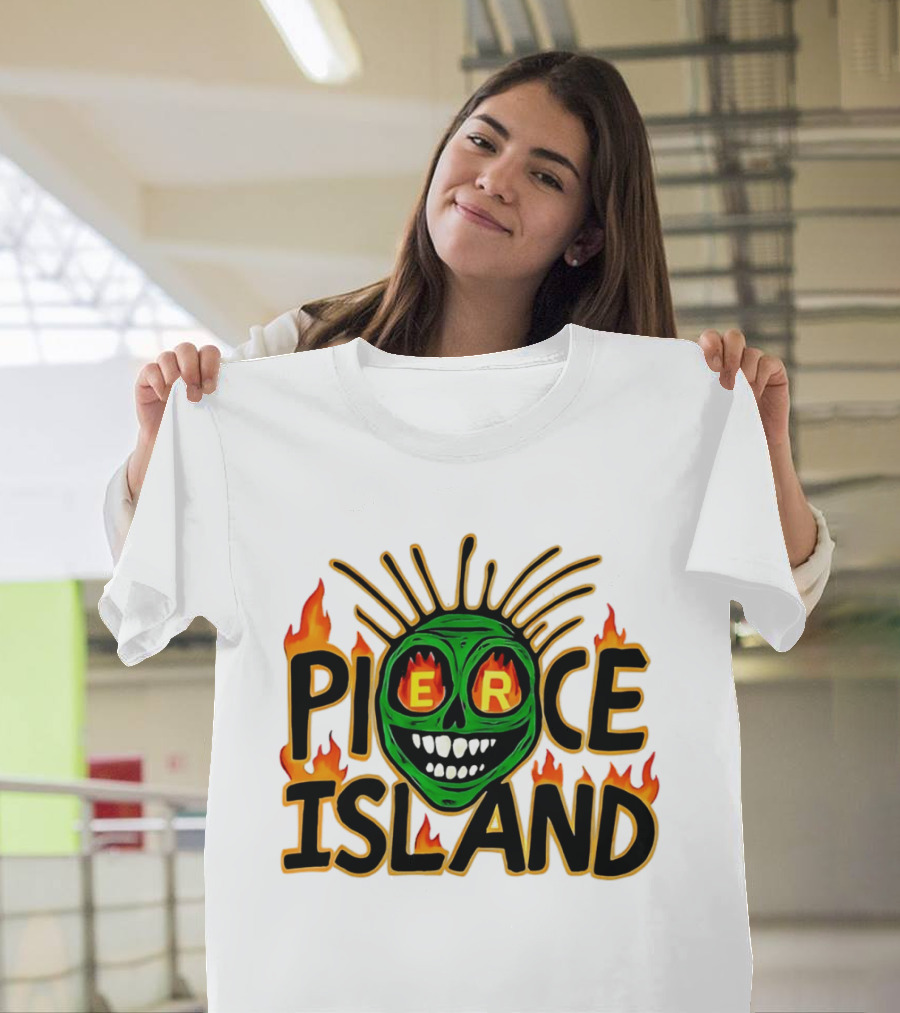 Pierce Island Green Skull Flames Spooky Island T-Shirt