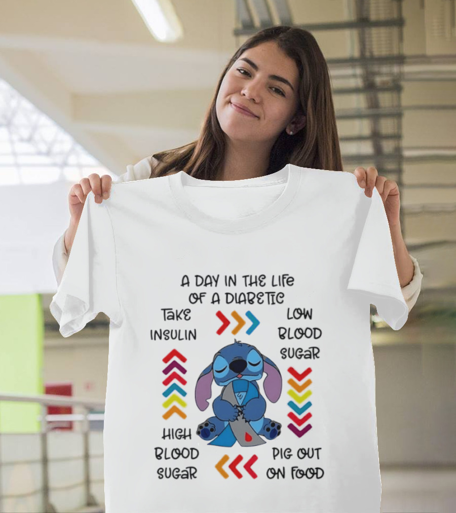 A Day In The Life Of A Diabetic Stitch Lilo And Stitch Diabetes Awareness Take Insulin Low Blood Sugar High Blood Sugar Pig Out On Food T-Shirt