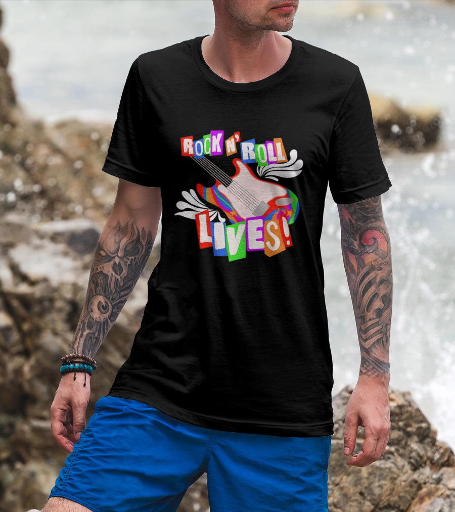 Rock N' Roll Lives Colorful Electric Guitar T-Shirt