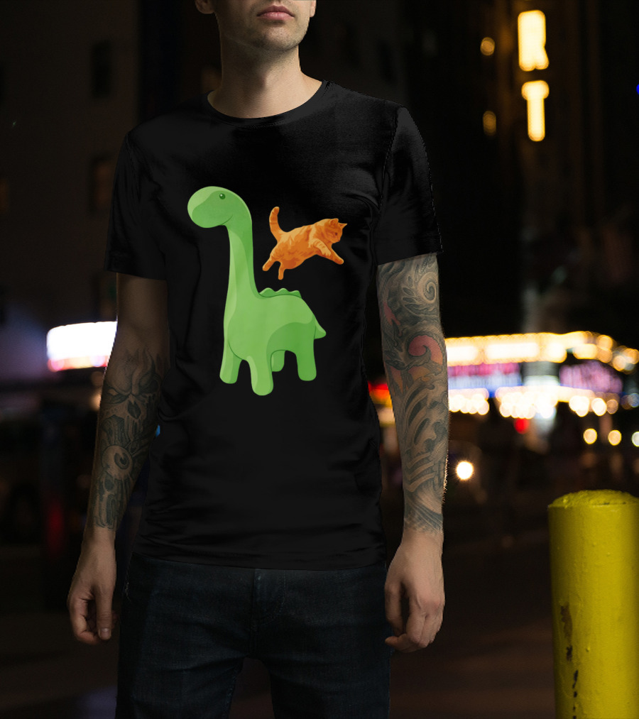 Cat Jumping Over Green Dinosaur Cartoon Image T-Shirt