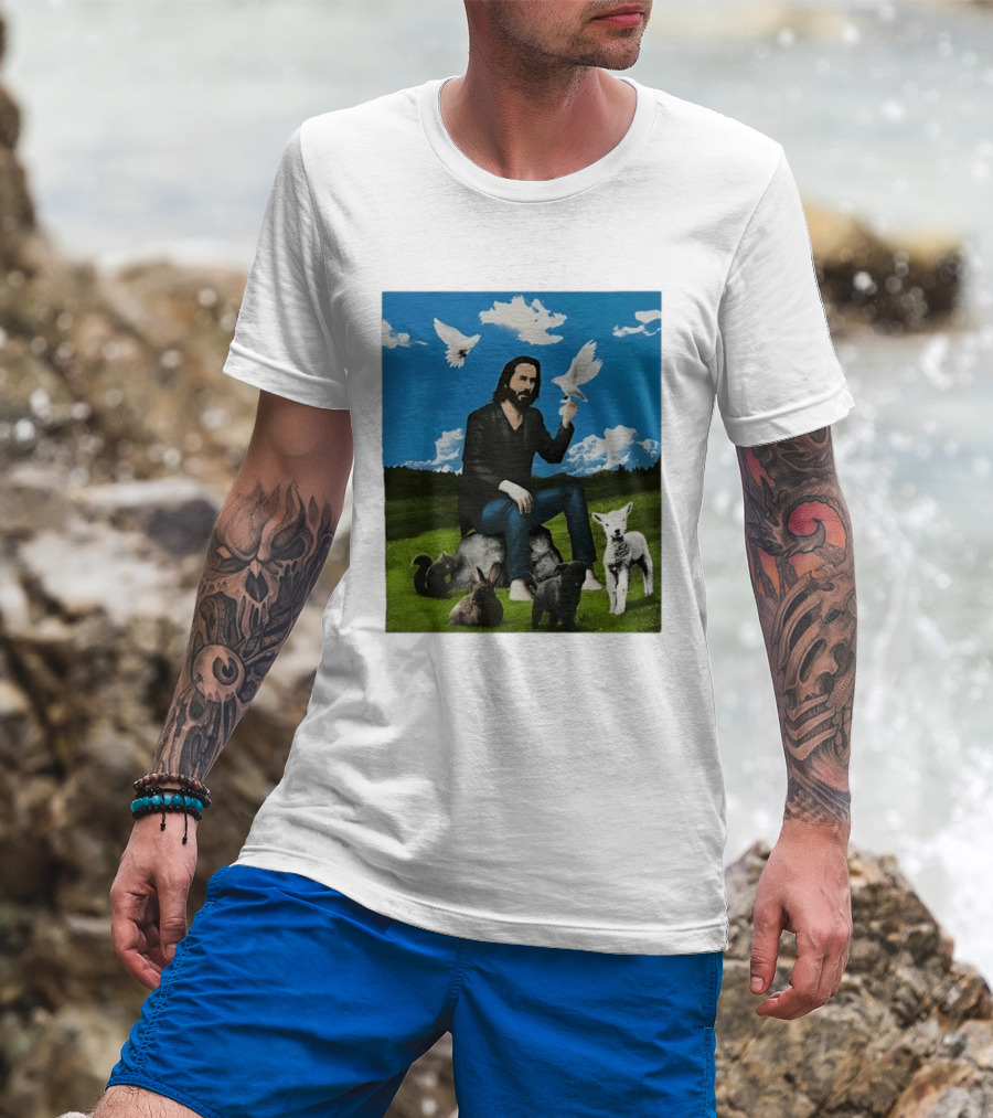 Keanu Reeves Peaceful Meadow With Animals And Doves T-Shirt