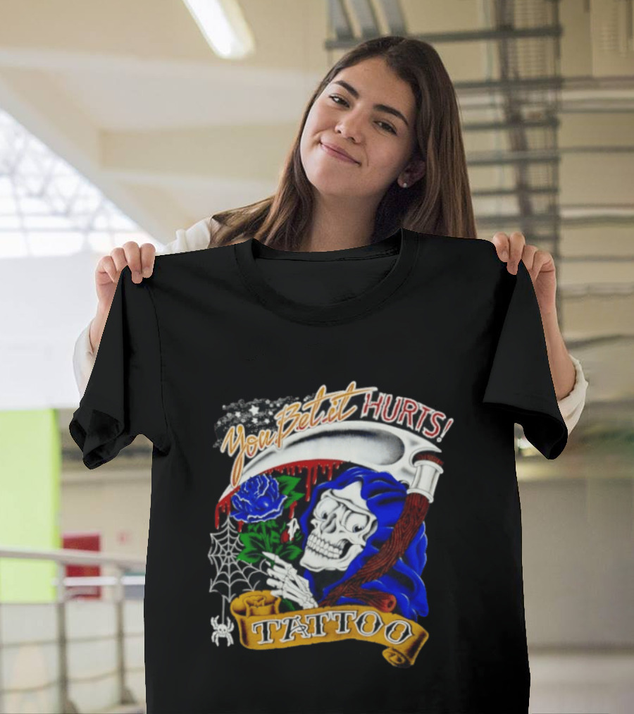 You Bet It Hurts Skeleton Rose Tattoo Spider Web T-Shirt