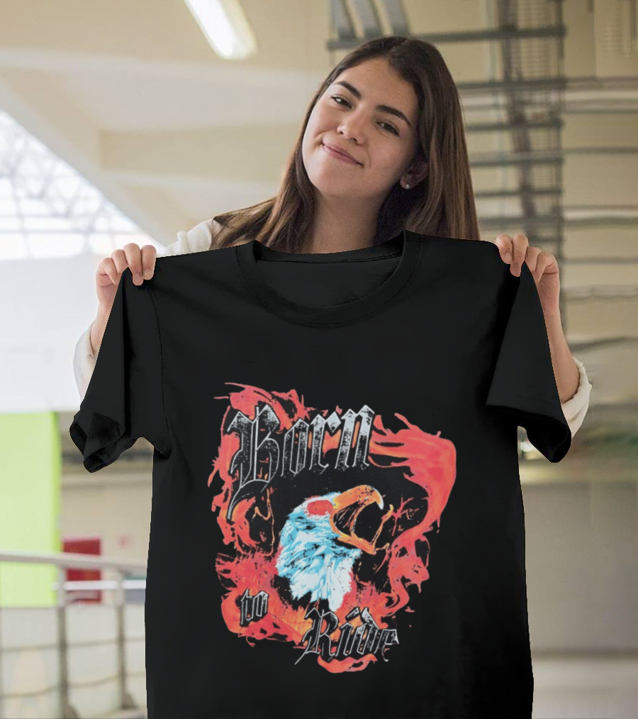 Born To Ride Fiery Bald Eagle Biker T-Shirt