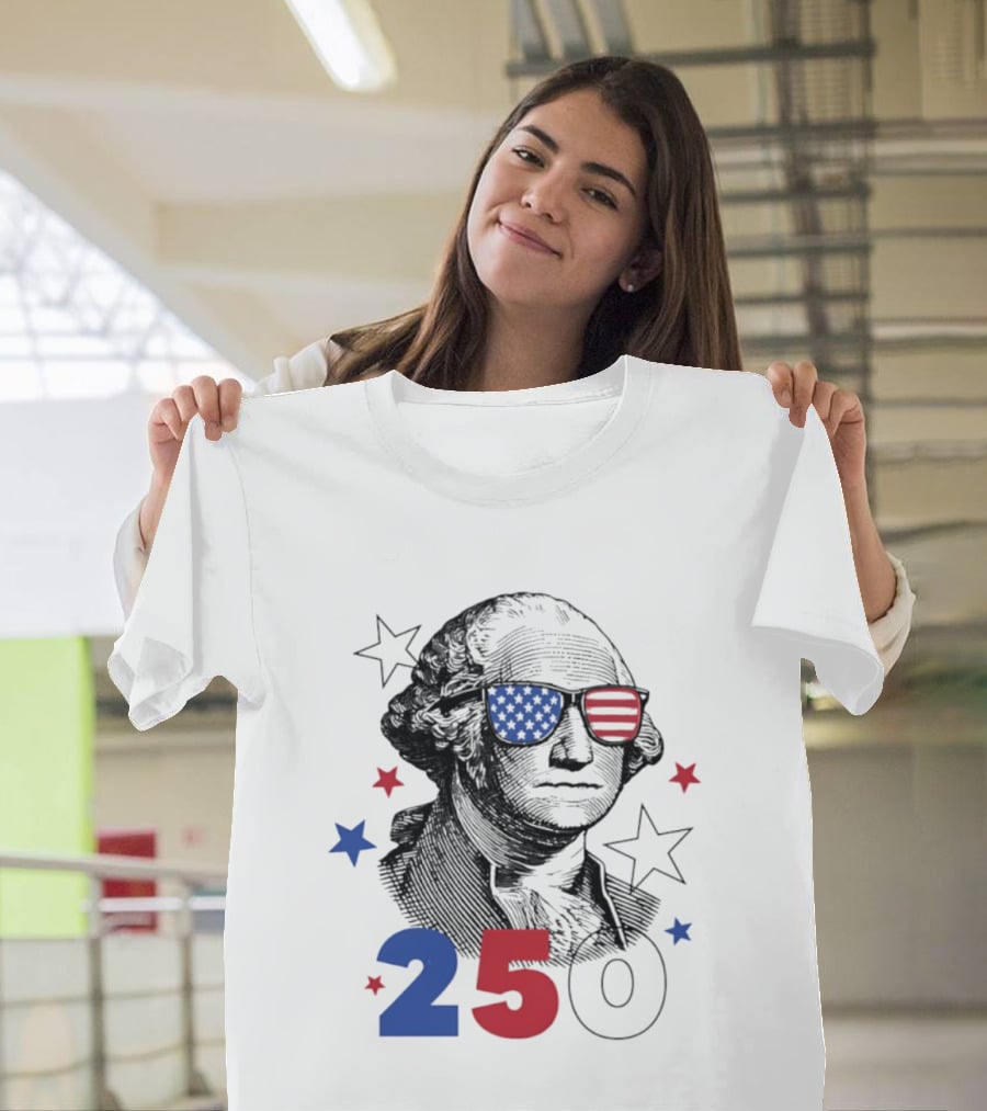 George Washington Patriotic Flag Sunglasses 250 Years United States Celebration T-Shirt