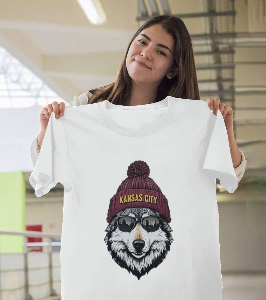 Kansas City Wolf Beanie Sunglasses Cityscape T-Shirt