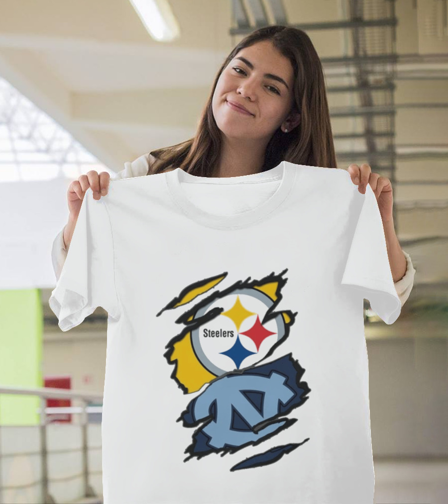 Pittsburgh Steelers UNC Tar Heels Ripped Metal Effect Logo Fusion T-Shirt