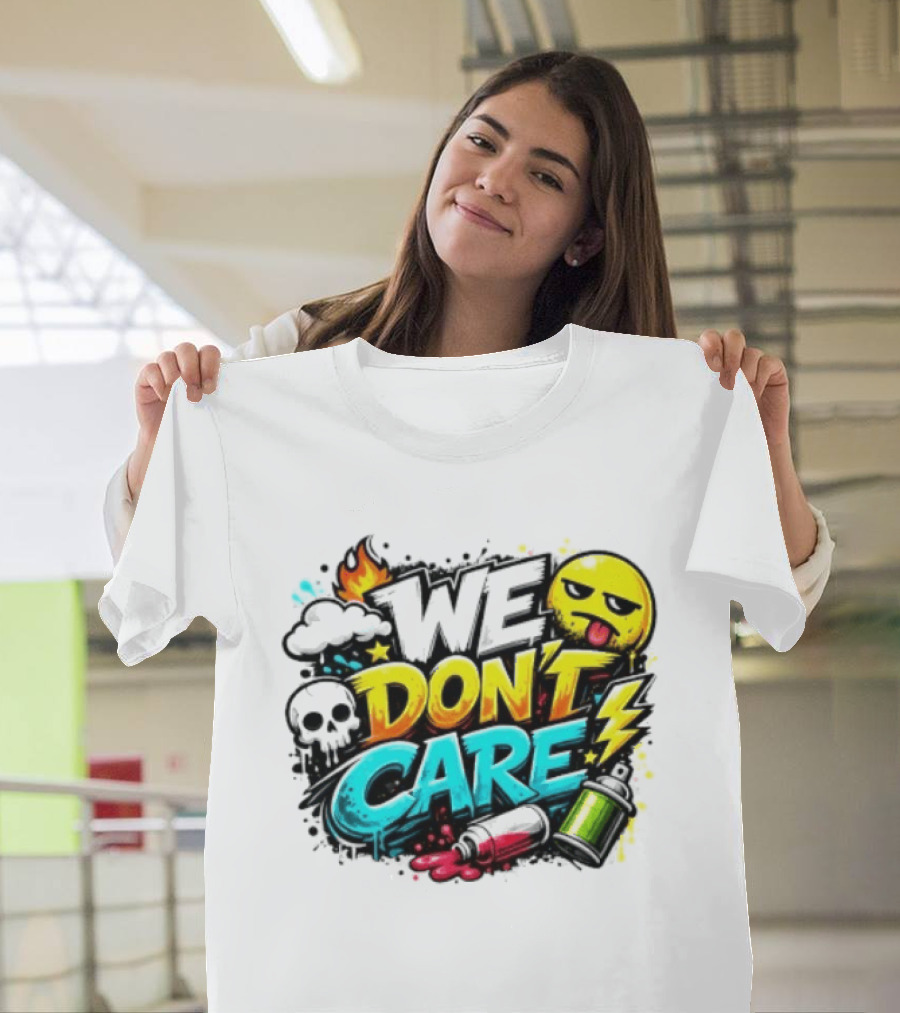 We Don't Care Graffiti Emojis Fire Cloud Lightning Skull T-Shirt
