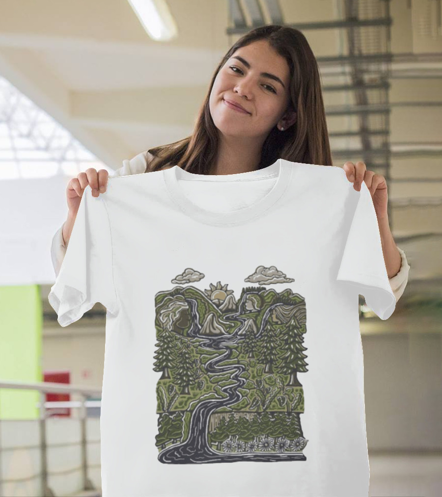 Nature Backs Forest Scene With River Trees Mountains Sun And Clouds T-Shirt