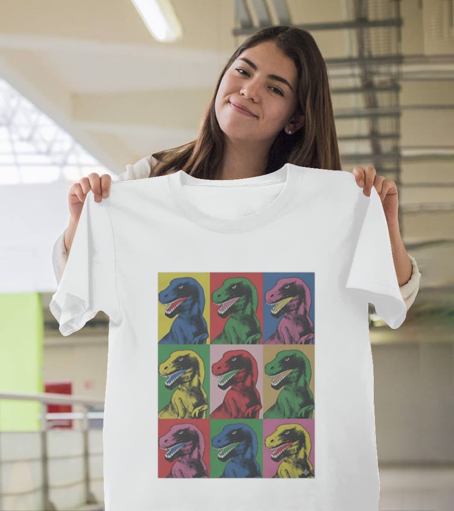 T Rex Pop Dinosaur Multi Colored Grid Prehistoric Reptile Andy Warhol T-Shirt